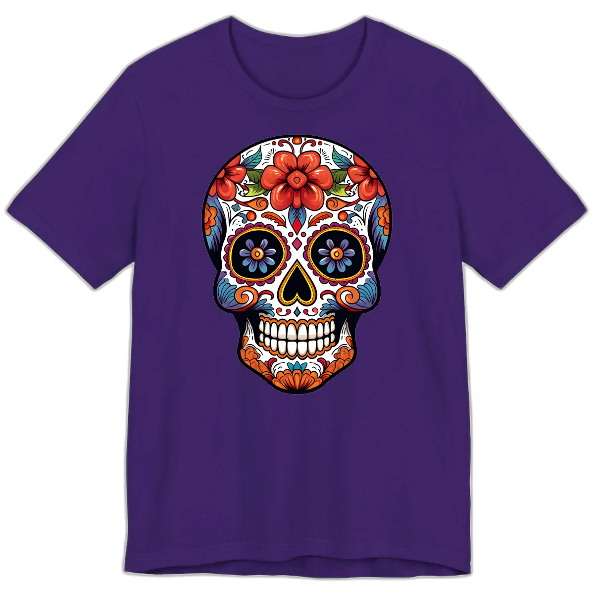 Vibrant Calavera Sugar Skull Art Premium T-Shirt in Team Purple