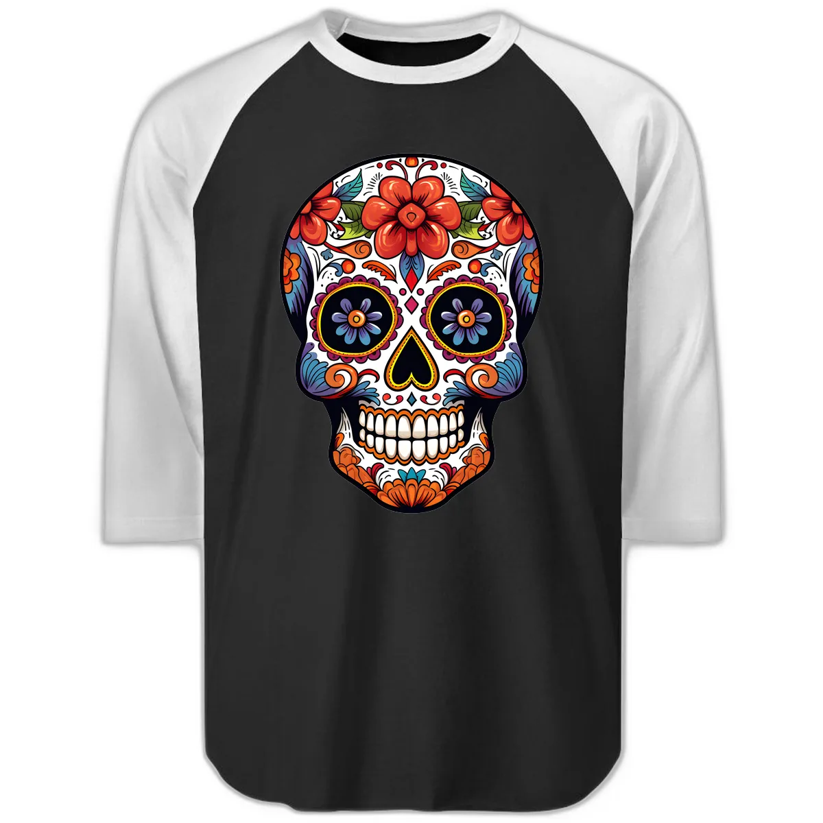 Vibrant Calavera Sugar Skull Art Raglan 3/4 in Black White
