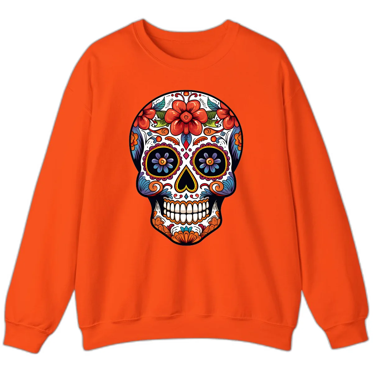 Vibrant Calavera Sugar Skull Art Sweatshirt in Orange