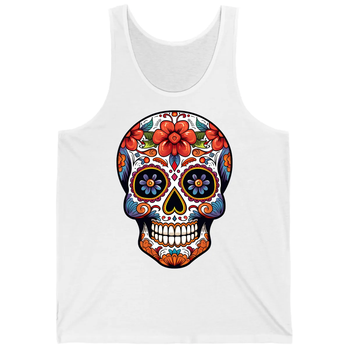 Vibrant Calavera Sugar Skull Art Tank in White
