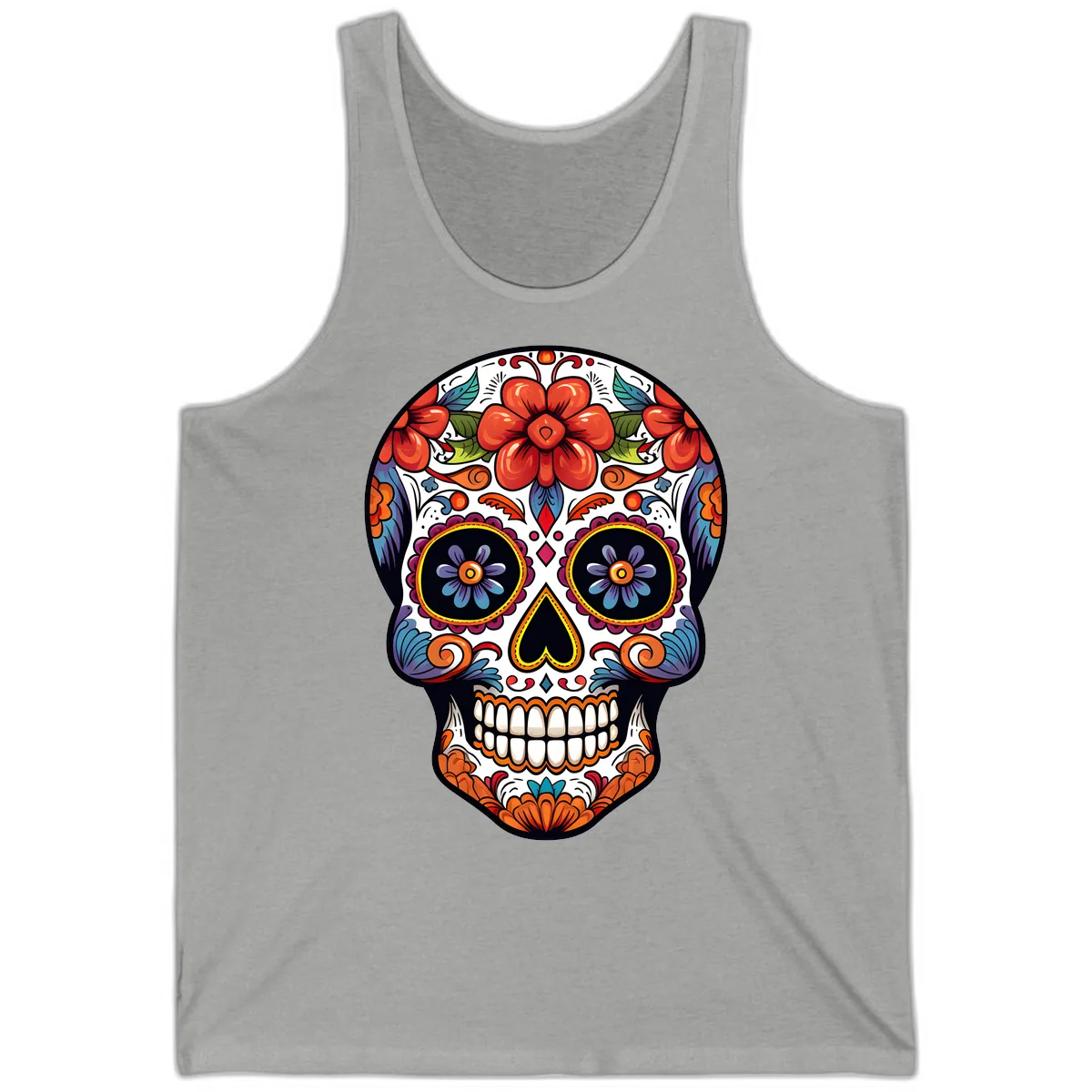 Vibrant Calavera Sugar Skull Art Tank in Athletic Heather