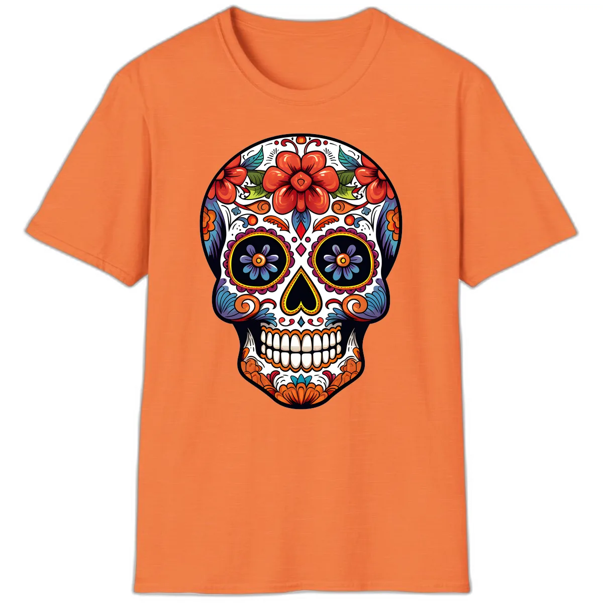 Vibrant Calavera Sugar Skull Art T-Shirt in Heather Orange