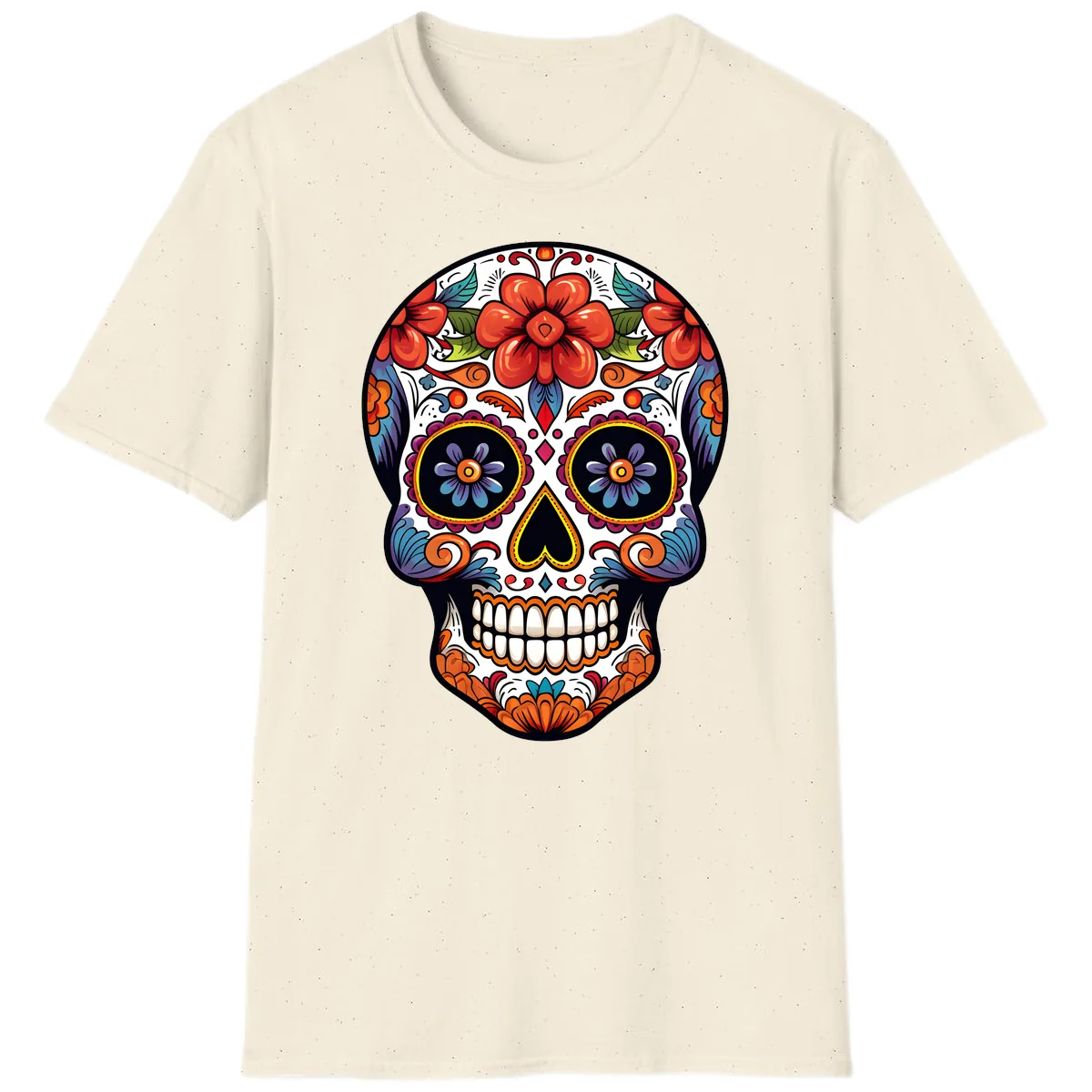 Vibrant Calavera Sugar Skull Art T-Shirt in Natural