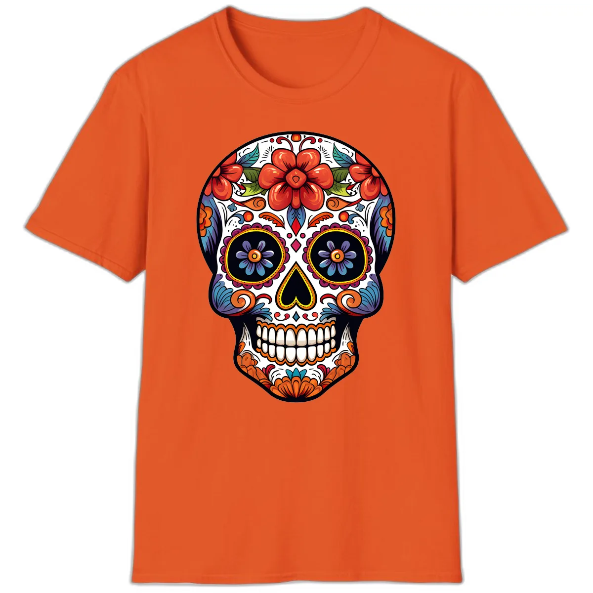 Vibrant Calavera Sugar Skull Art T-Shirt in Orange