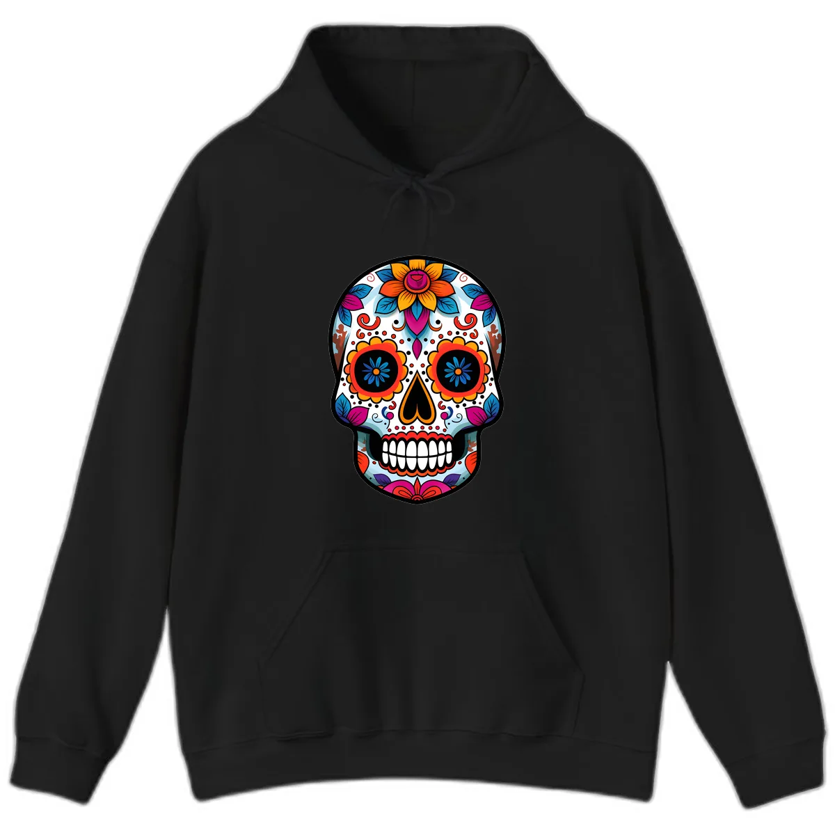 Vibrant Floral Calavera Artistry Hoodie in Black