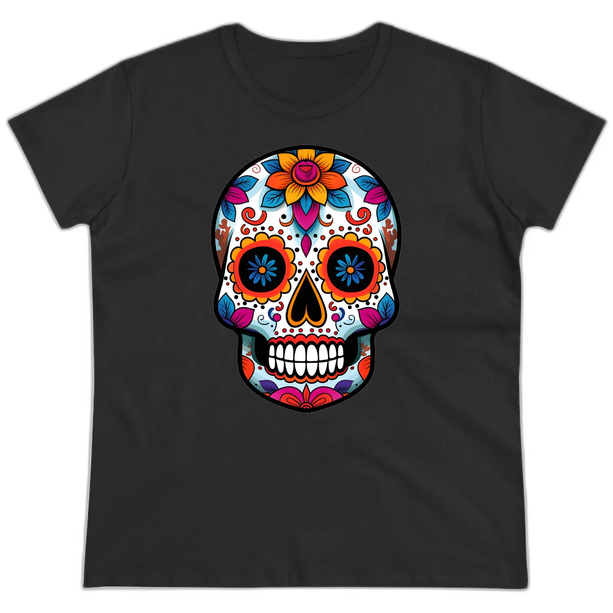 Vibrant Floral Calavera Artistry Ladies Tee in Black