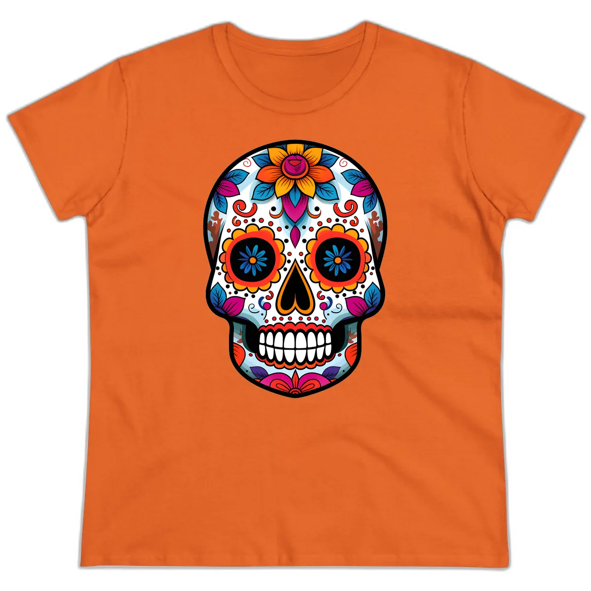Vibrant Floral Calavera Artistry Ladies Tee in Orange