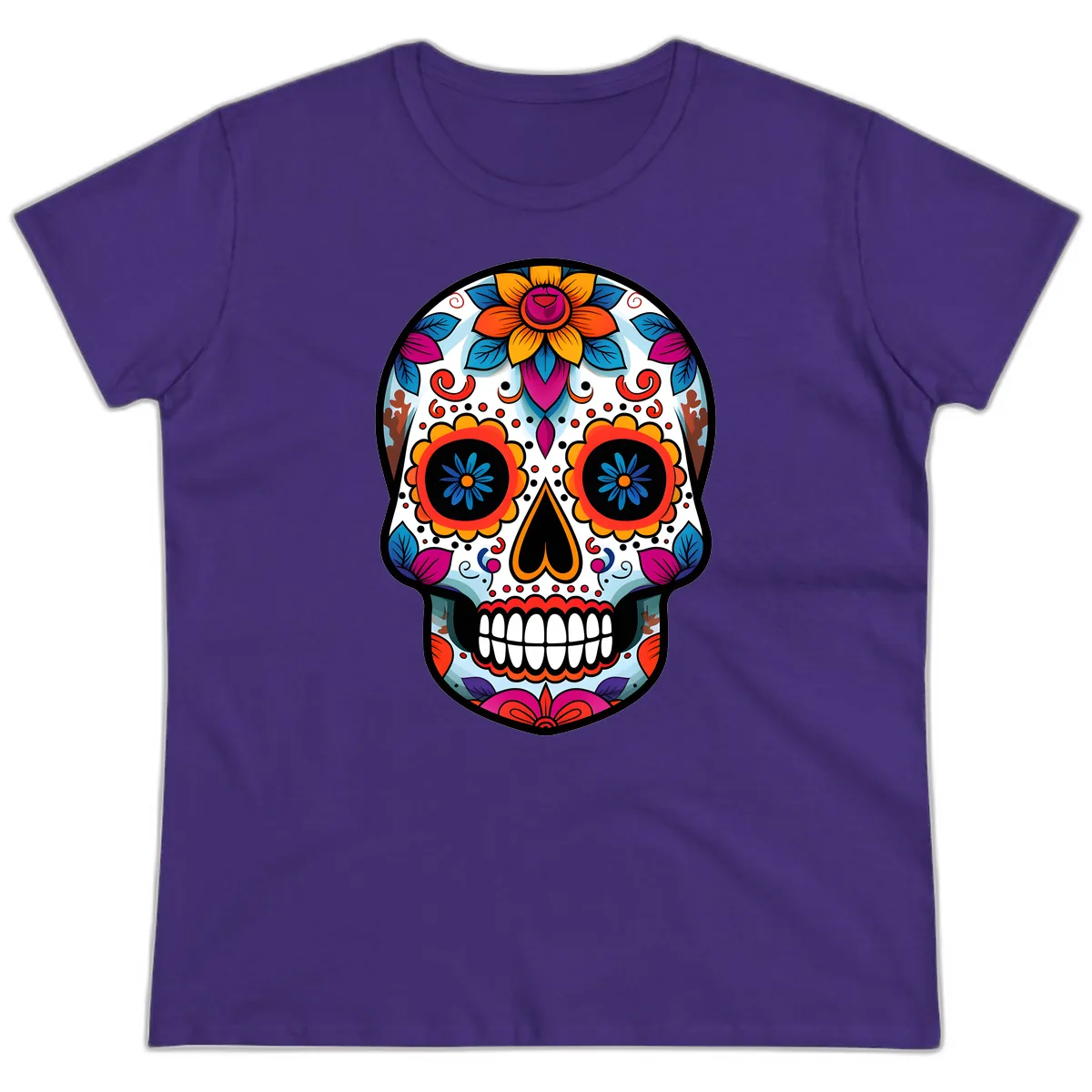 Vibrant Floral Calavera Artistry Ladies Tee in Purple