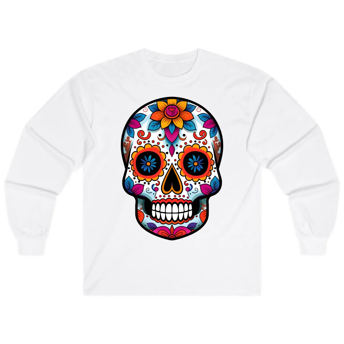 Vibrant Floral Calavera Artistry Long Sleeve in White