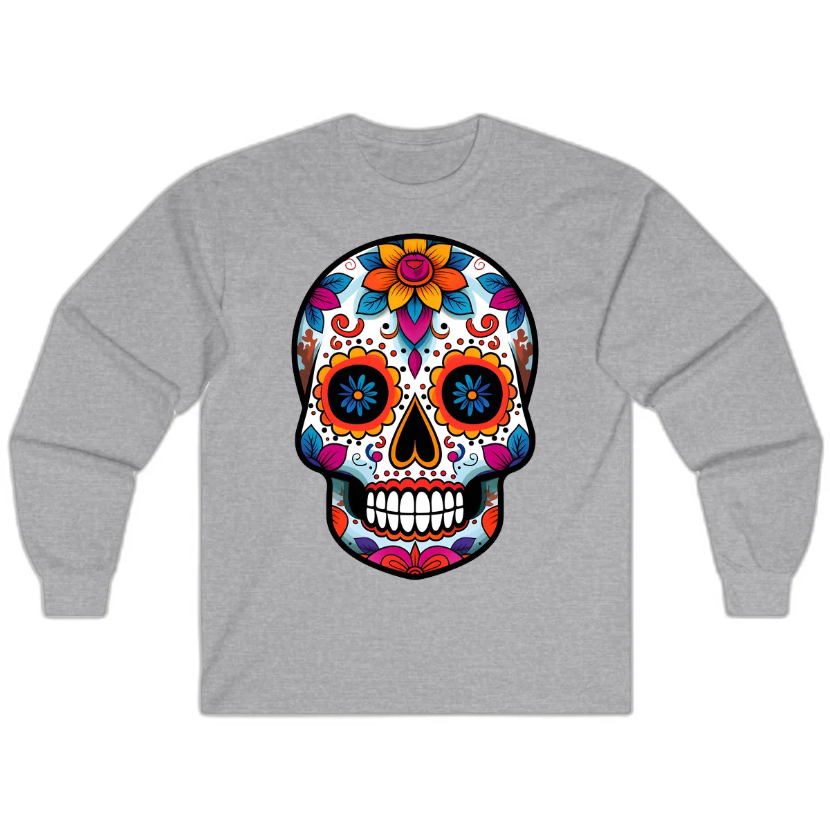 Vibrant Floral Calavera Artistry Long Sleeve in Sport Grey
