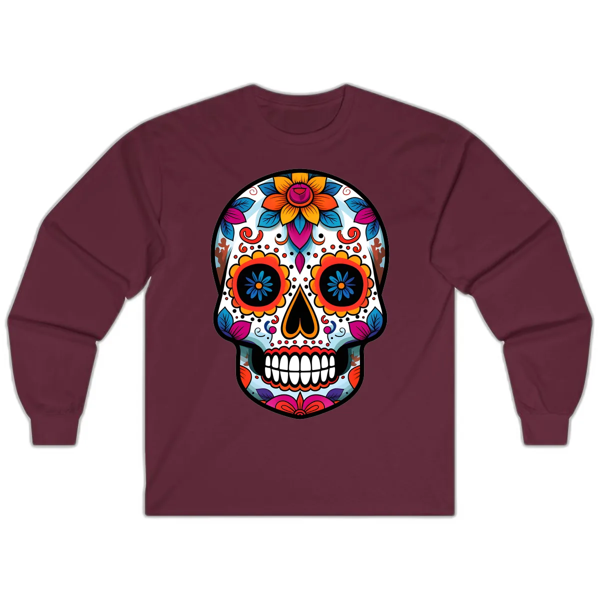 Vibrant Floral Calavera Artistry Long Sleeve in Maroon