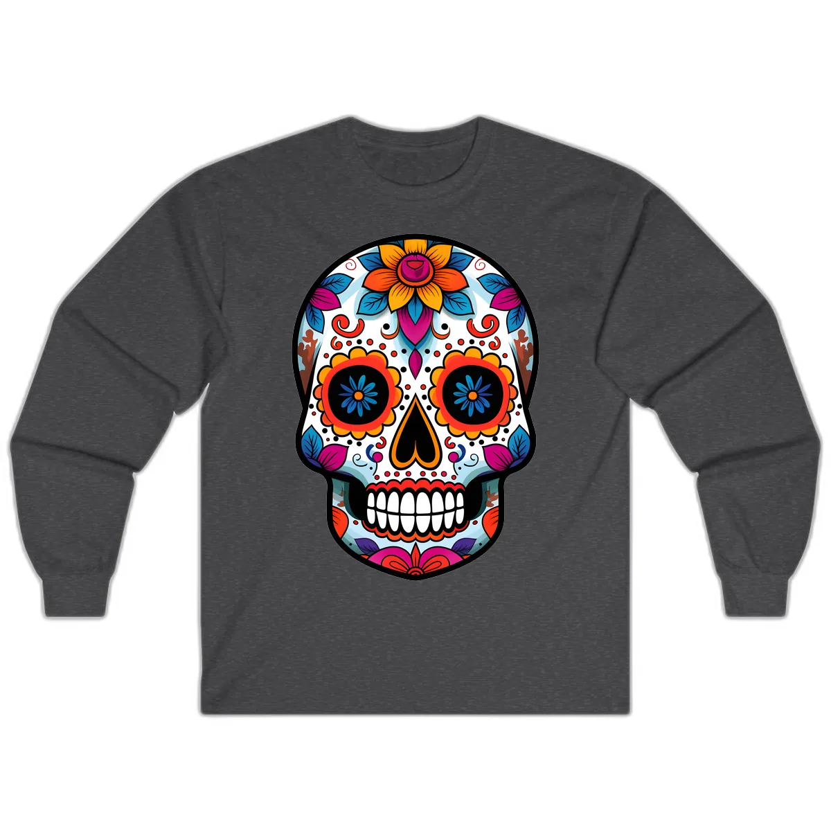 Vibrant Floral Calavera Artistry Long Sleeve in Dark Heather