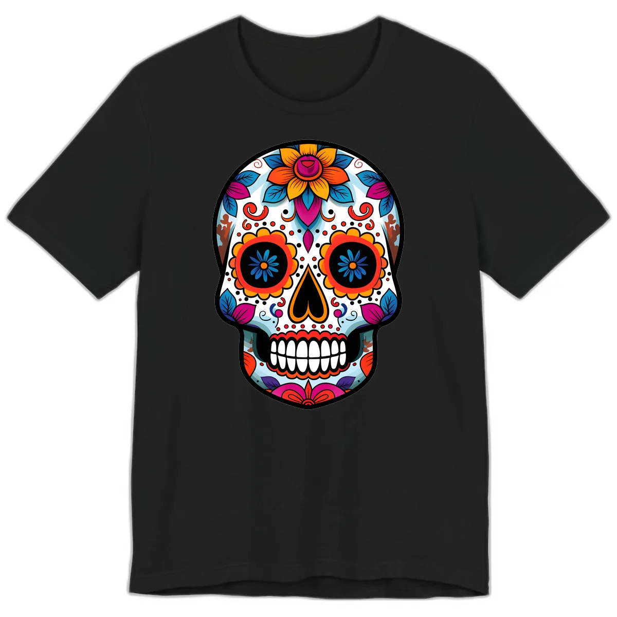 Vibrant Floral Calavera Artistry Premium T-Shirt in Black