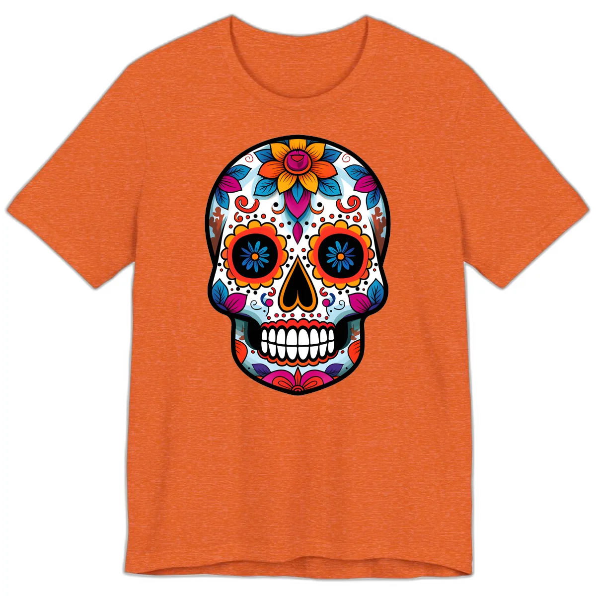 Vibrant Floral Calavera Artistry Premium T-Shirt in Heather Orange