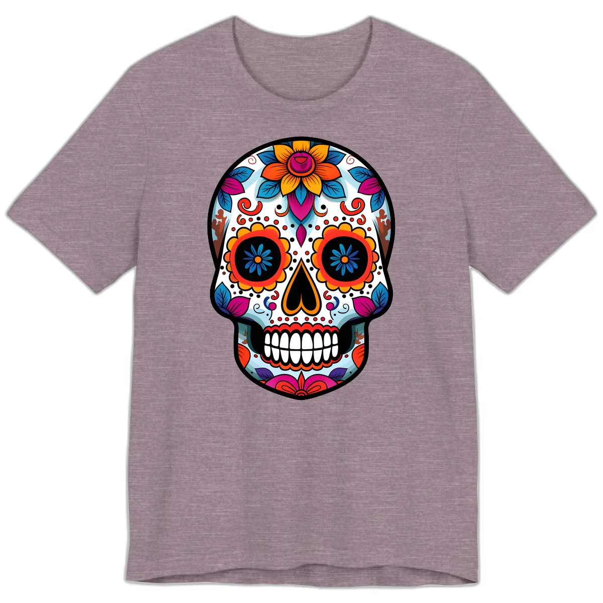 Vibrant Floral Calavera Artistry Premium T-Shirt in Heather Purple