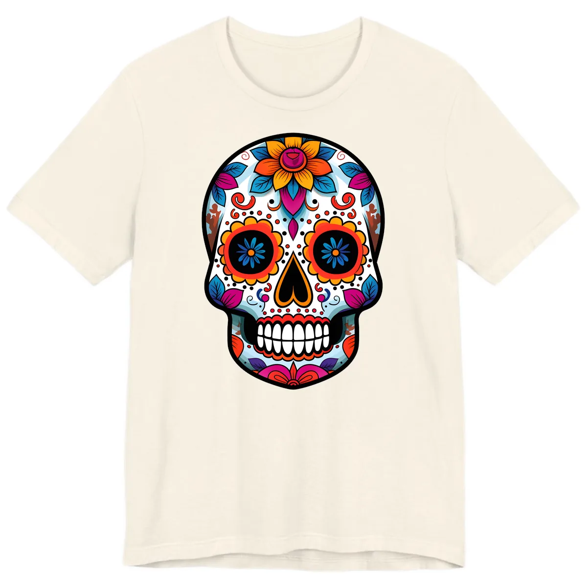 Vibrant Floral Calavera Artistry Premium T-Shirt in Natural