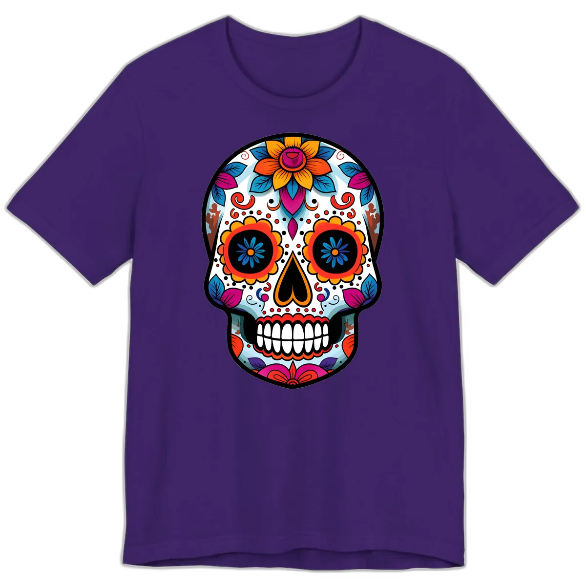 Vibrant Floral Calavera Artistry Premium T-Shirt in Team Purple