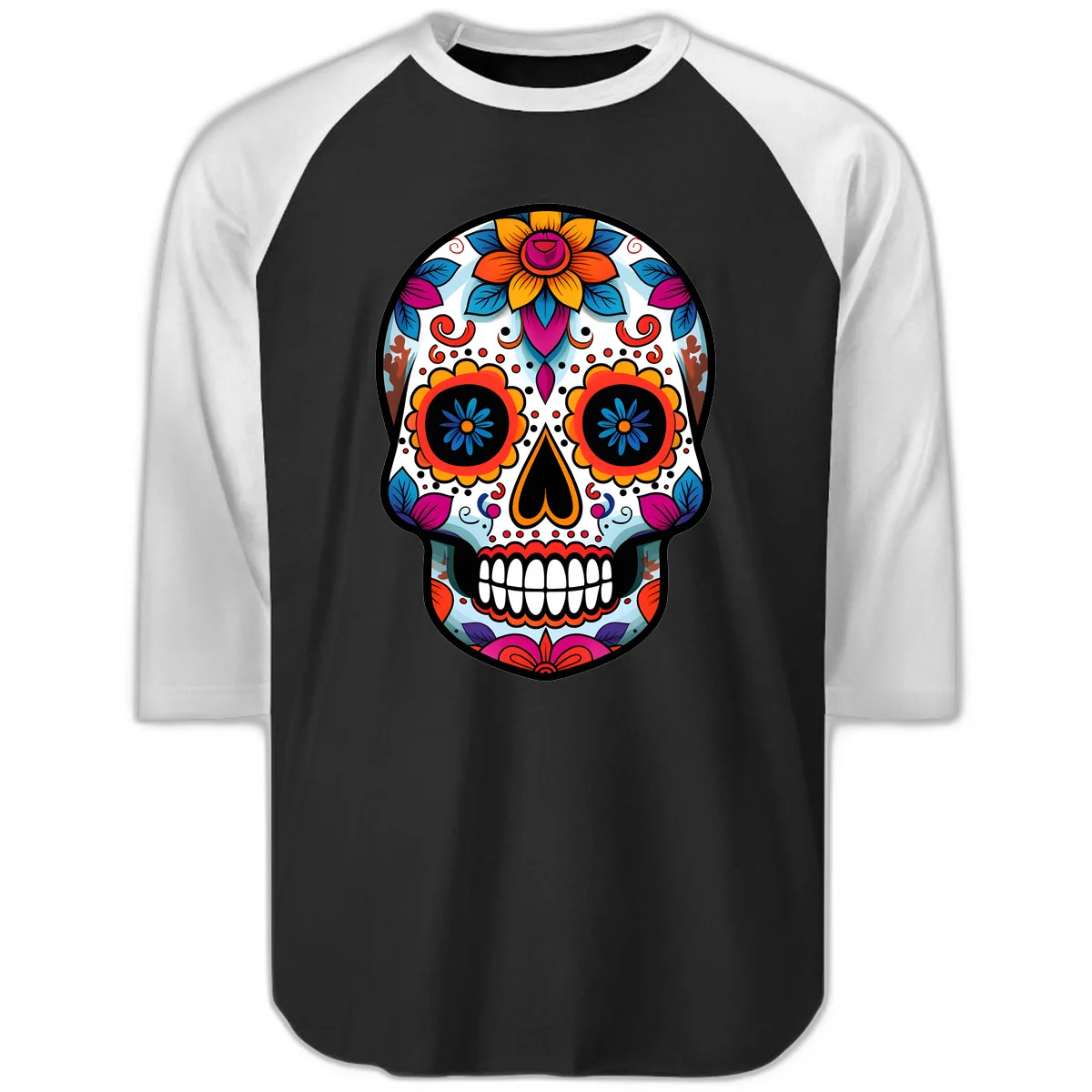 Vibrant Floral Calavera Artistry Raglan 3/4 in Black White