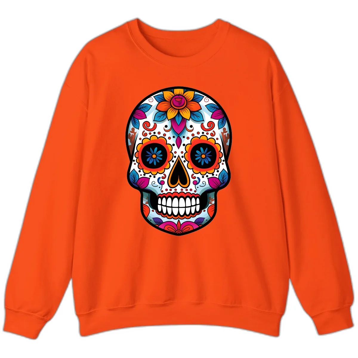 Vibrant Floral Calavera Artistry Sweatshirt in Orange