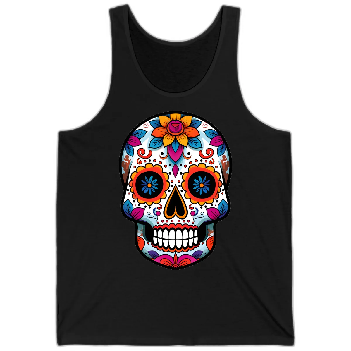 Vibrant Floral Calavera Artistry Tank in Black