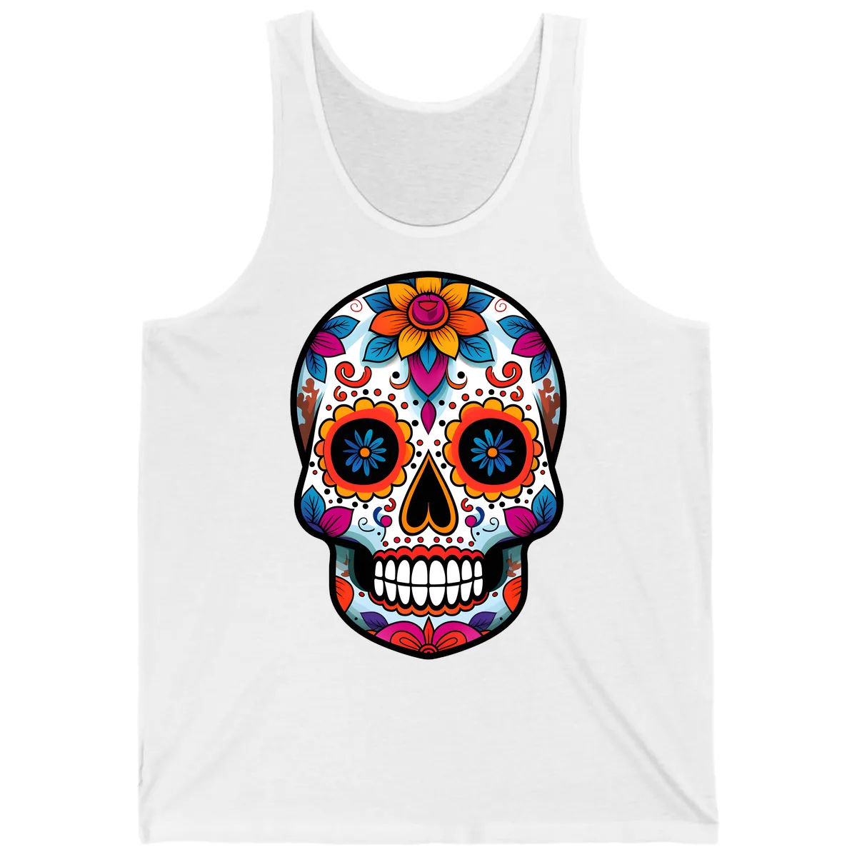 Vibrant Floral Calavera Artistry Tank in White