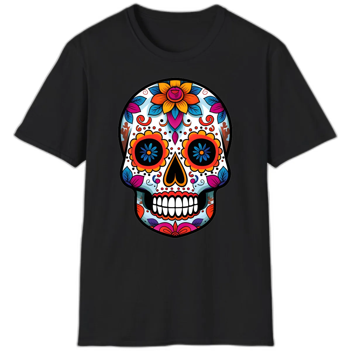 Vibrant Floral Calavera Artistry T-Shirt in Black