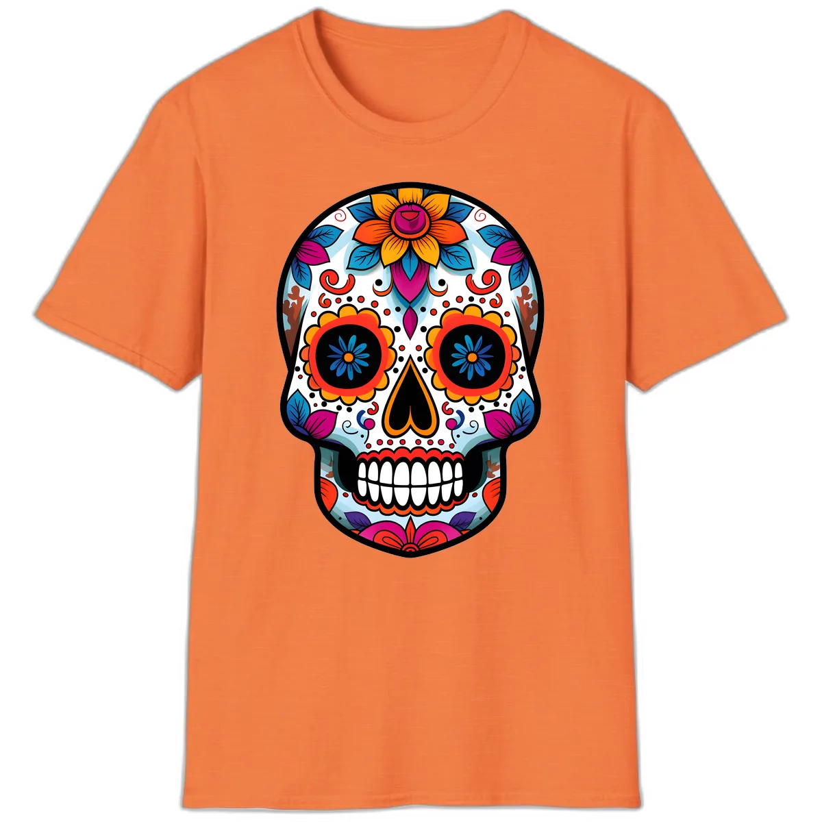 Vibrant Floral Calavera Artistry T-Shirt in Heather Orange