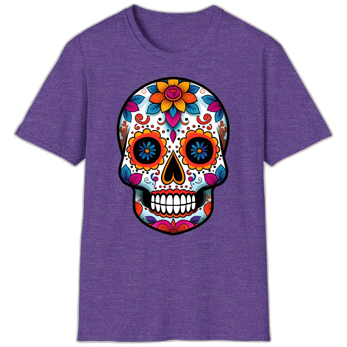 Vibrant Floral Calavera Artistry T-Shirt in Heather Purple