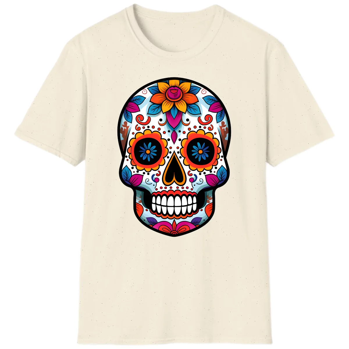 Vibrant Floral Calavera Artistry T-Shirt in Natural