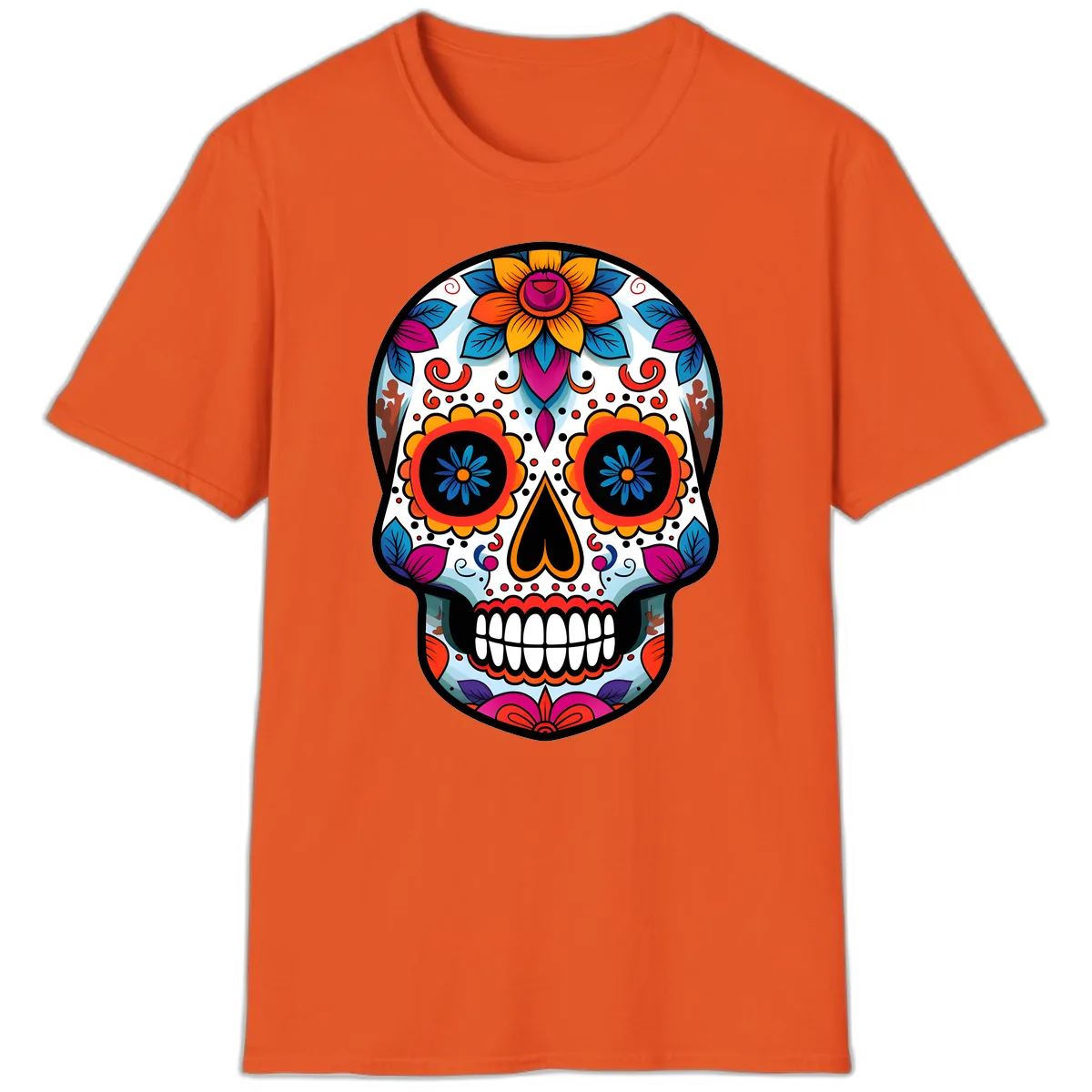 Vibrant Floral Calavera Artistry T-Shirt in Orange