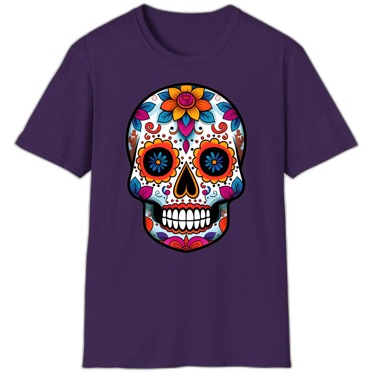 Vibrant Floral Calavera Artistry T-Shirt in Purple