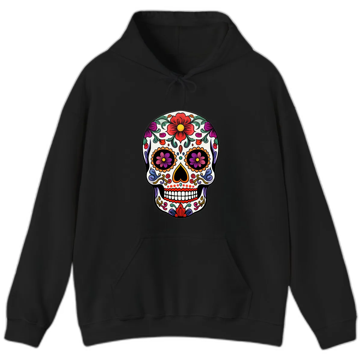 Vibrant Floral Calavera Sugar Skull Hoodie in Black