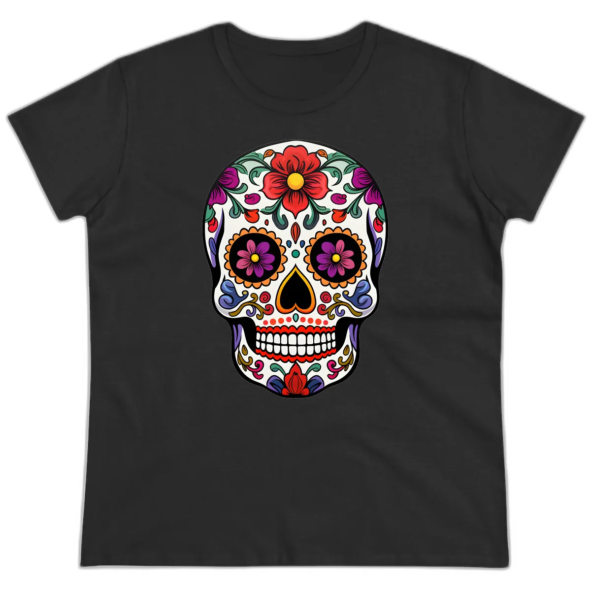 Vibrant Floral Calavera Sugar Skull Ladies Tee in Black