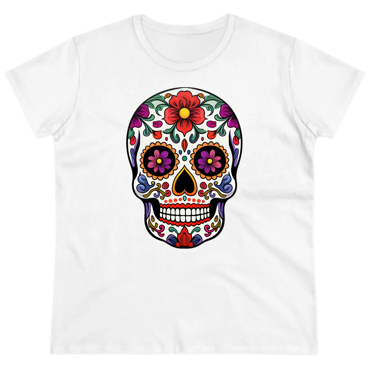 Vibrant Floral Calavera Sugar Skull Ladies Tee in White