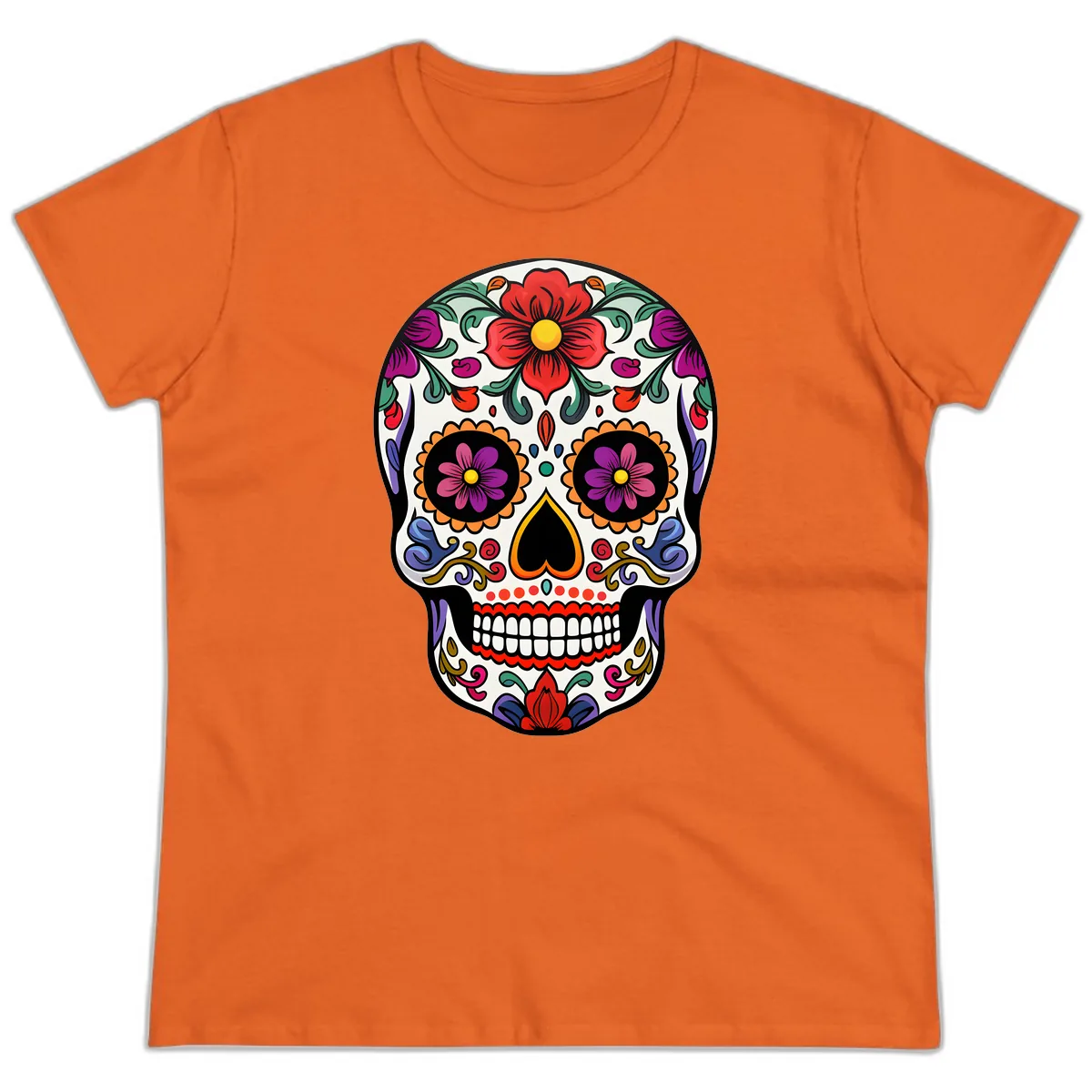 Vibrant Floral Calavera Sugar Skull Ladies Tee in Orange