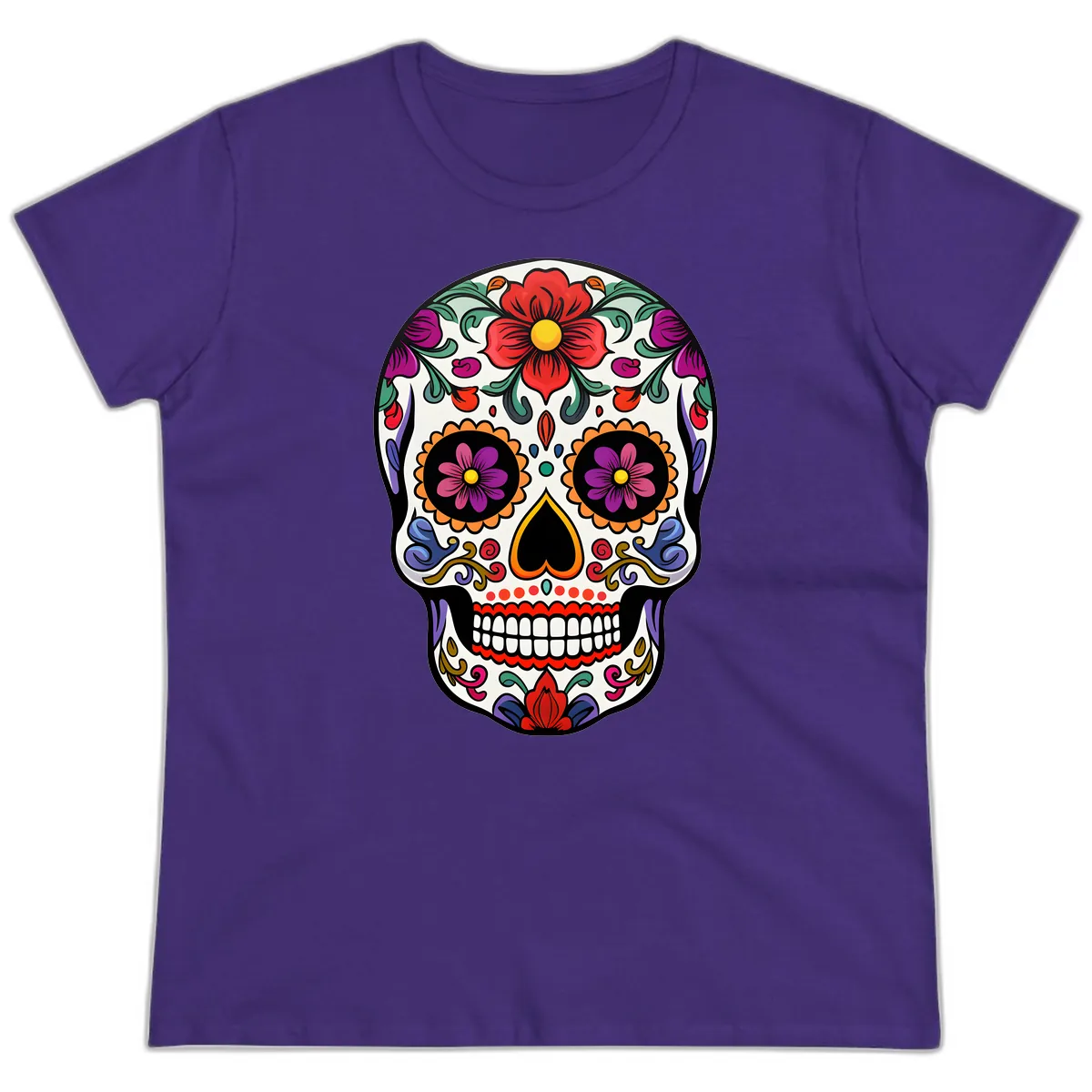 Vibrant Floral Calavera Sugar Skull Ladies Tee in Purple