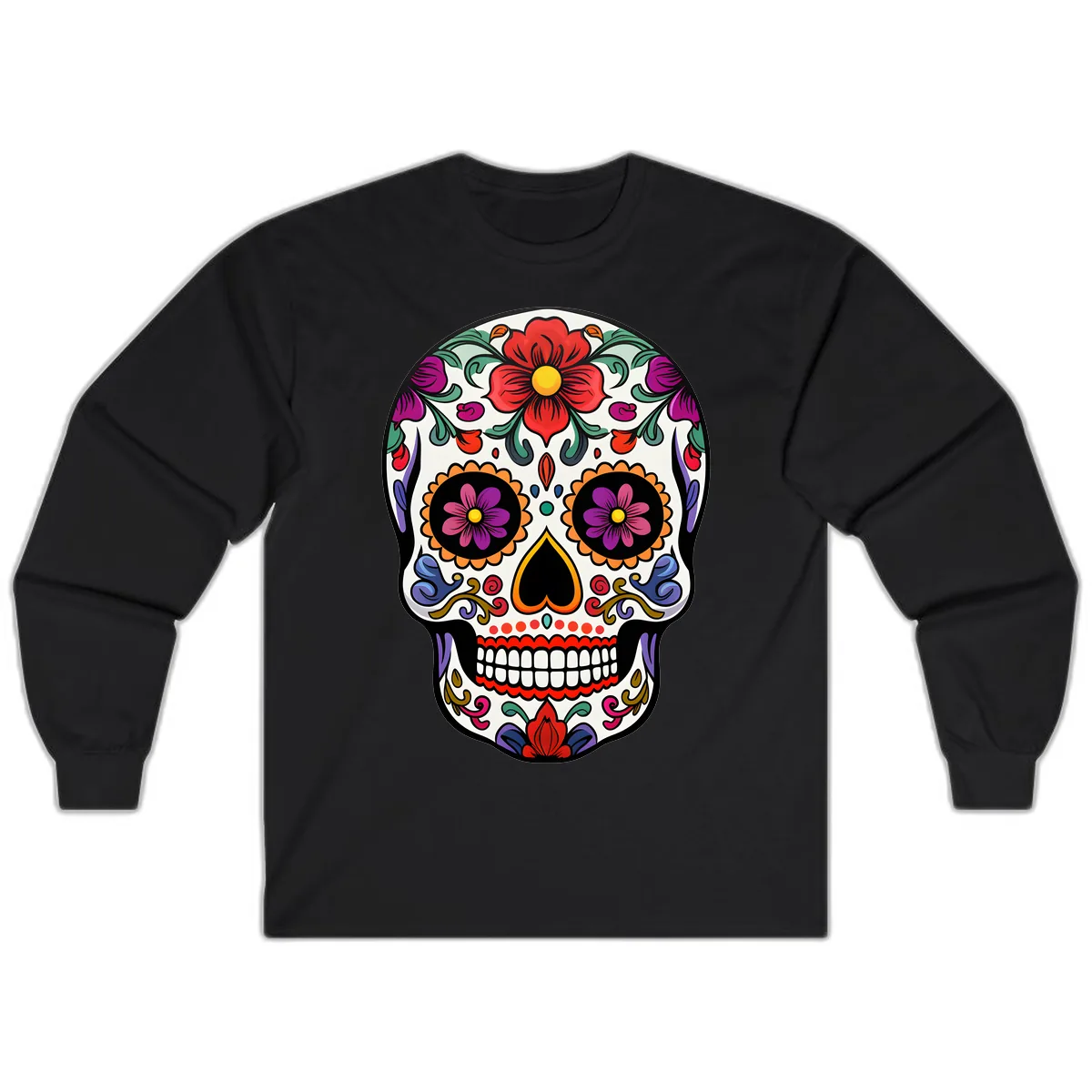 Vibrant Floral Calavera Sugar Skull Long Sleeve in Black