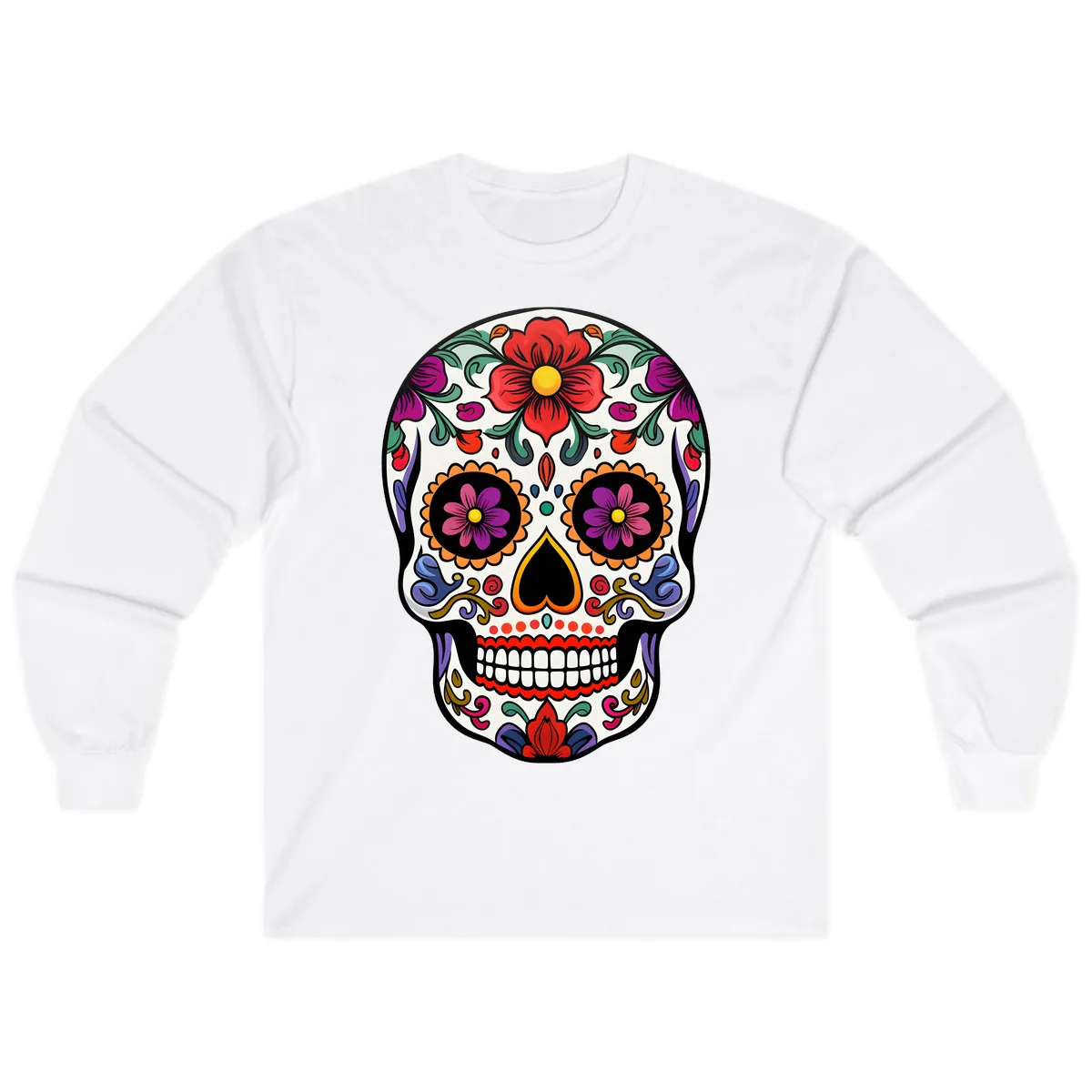 Vibrant Floral Calavera Sugar Skull Long Sleeve in White
