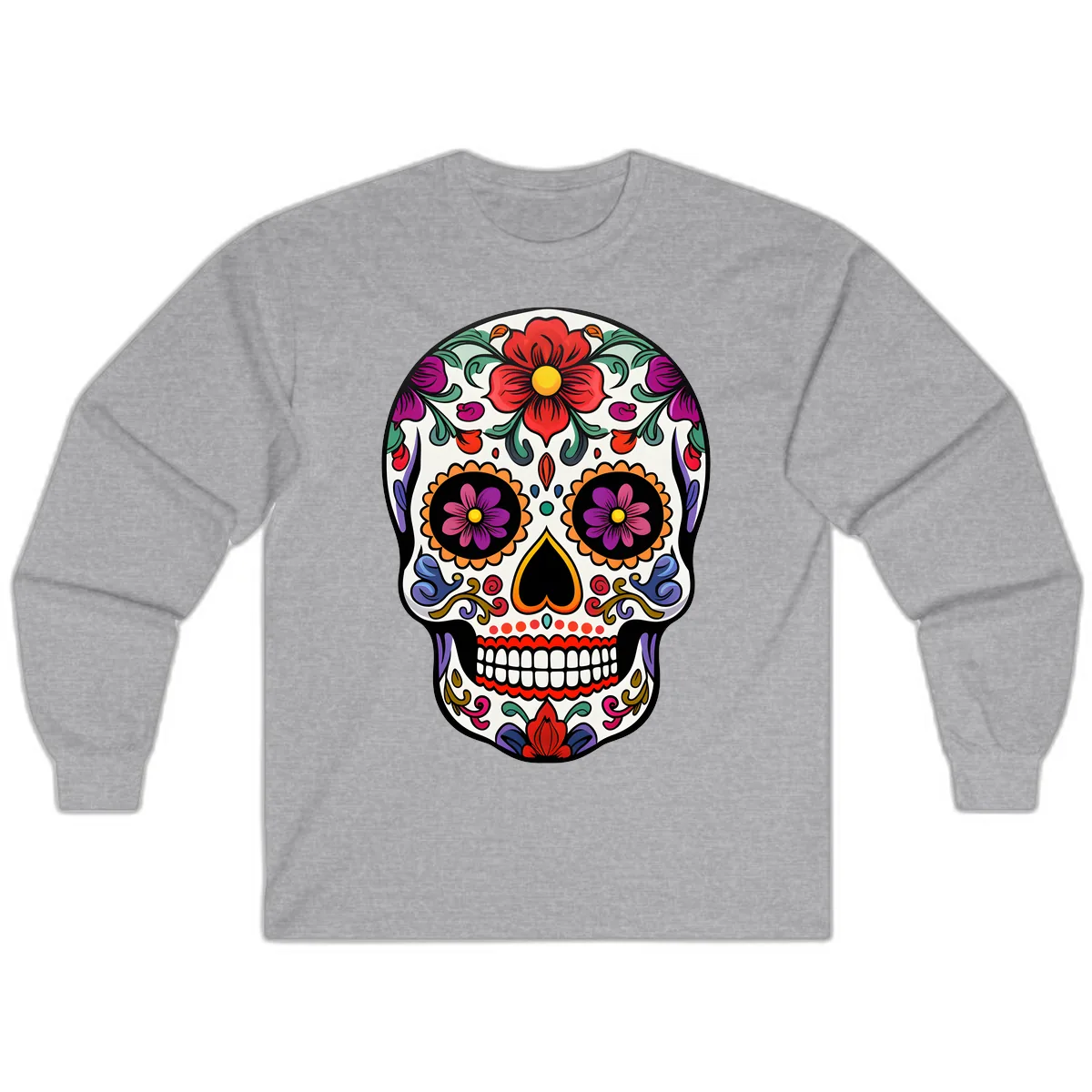 Vibrant Floral Calavera Sugar Skull Long Sleeve in Sport Grey