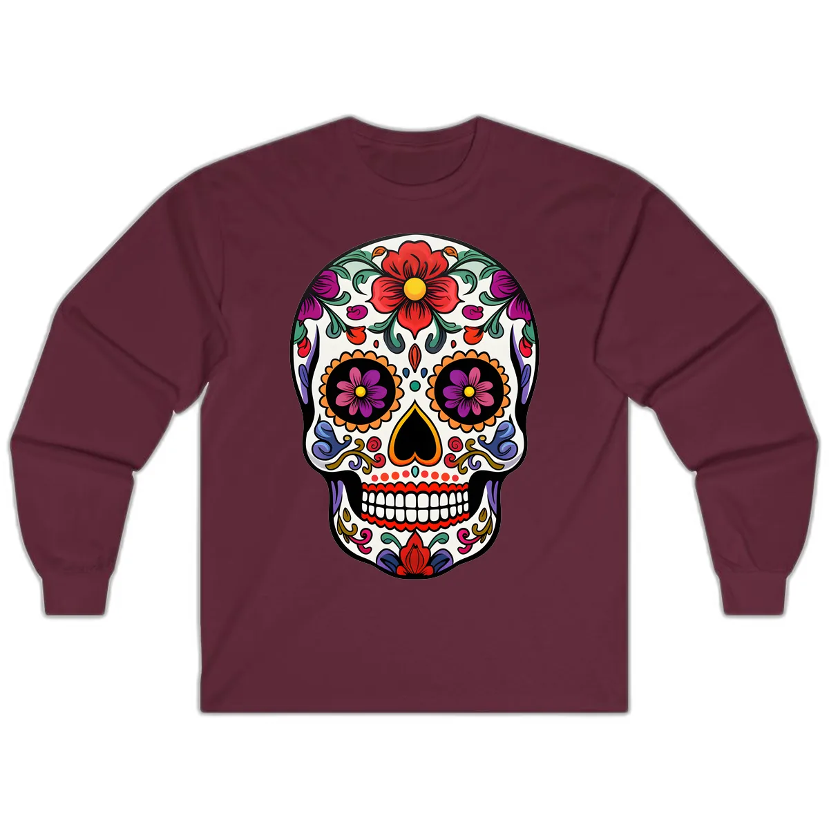 Vibrant Floral Calavera Sugar Skull Long Sleeve in Maroon