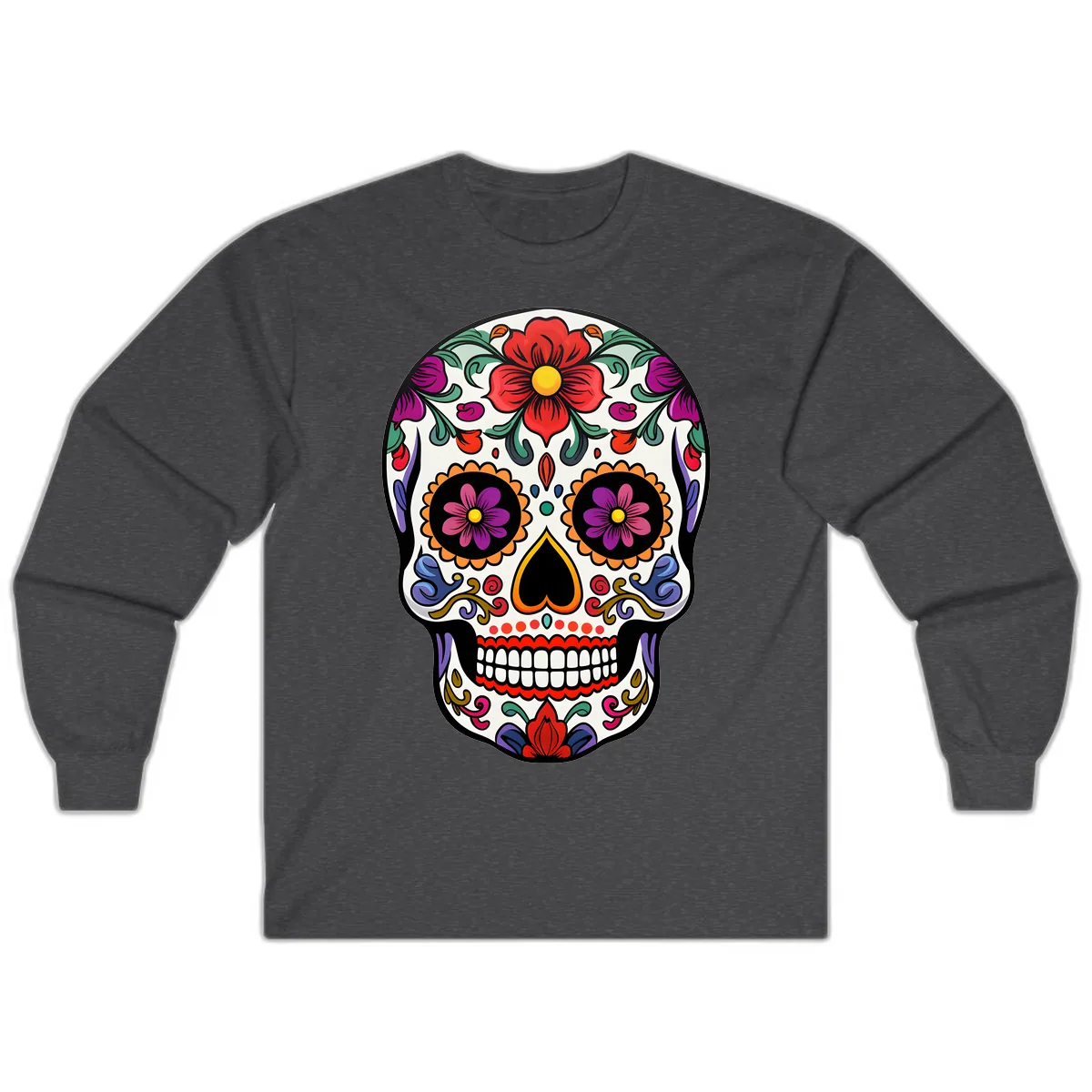 Vibrant Floral Calavera Sugar Skull Long Sleeve in Dark Heather