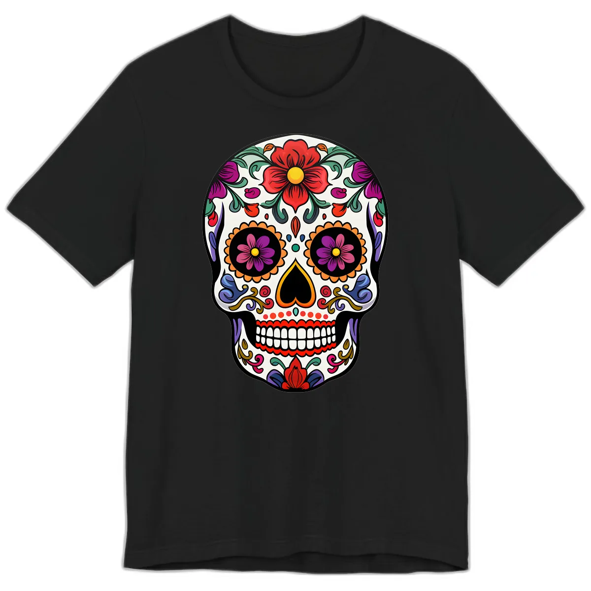 Vibrant Floral Calavera Sugar Skull Premium T-Shirt in Black
