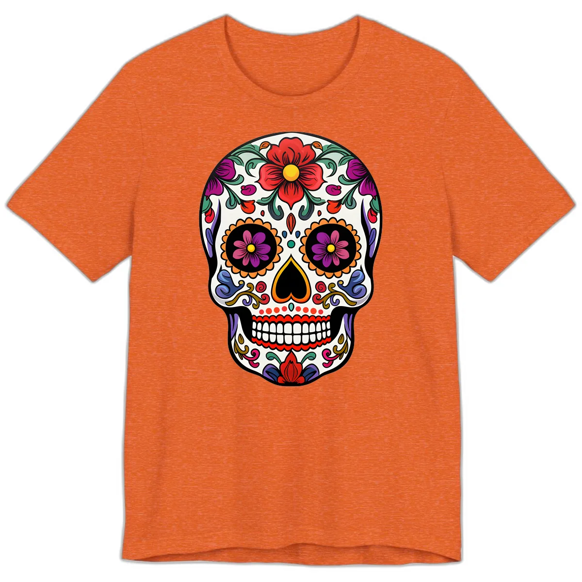 Vibrant Floral Calavera Sugar Skull Premium T-Shirt in Heather Orange