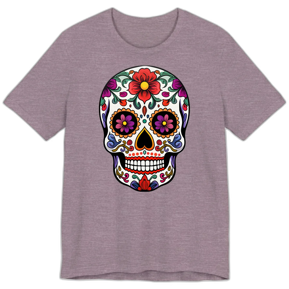 Vibrant Floral Calavera Sugar Skull Premium T-Shirt in Heather Purple