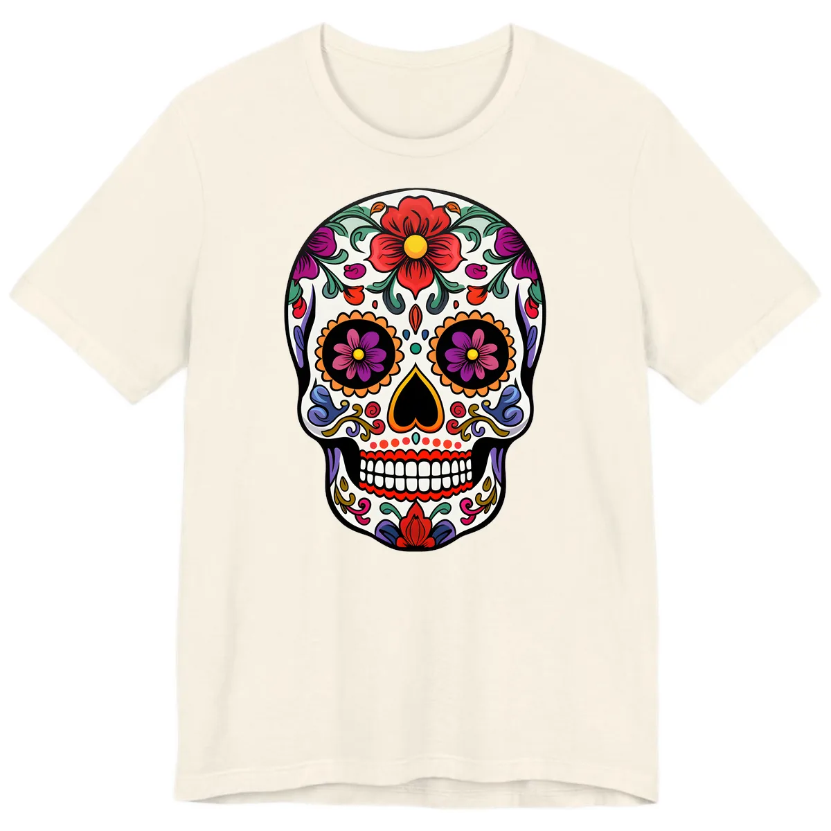 Vibrant Floral Calavera Sugar Skull Premium T-Shirt in Natural