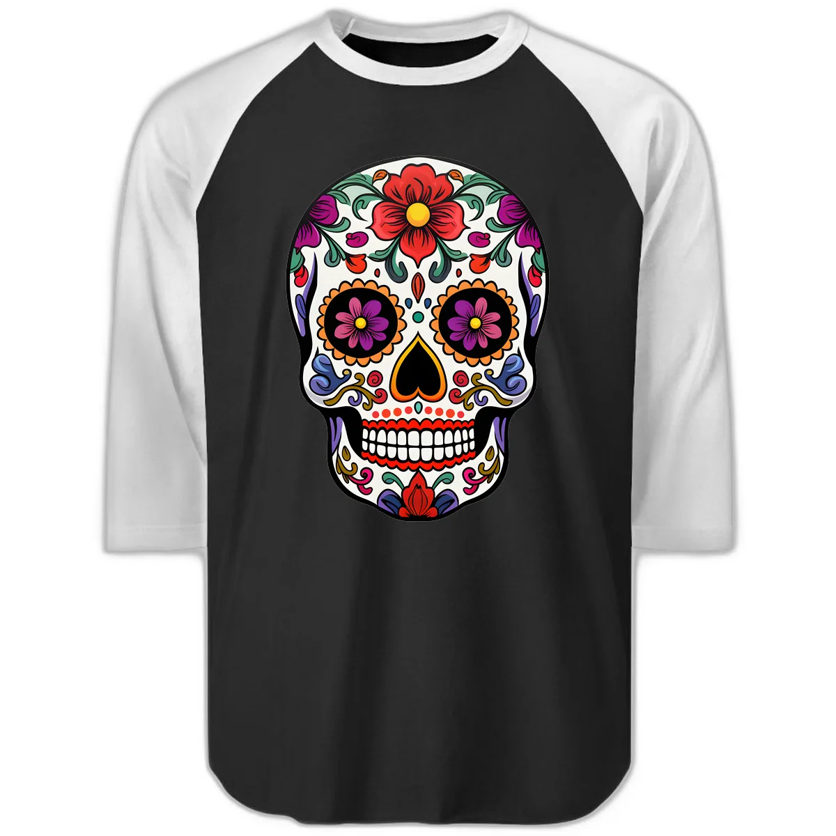 Vibrant Floral Calavera Sugar Skull Raglan 3/4 in Black White