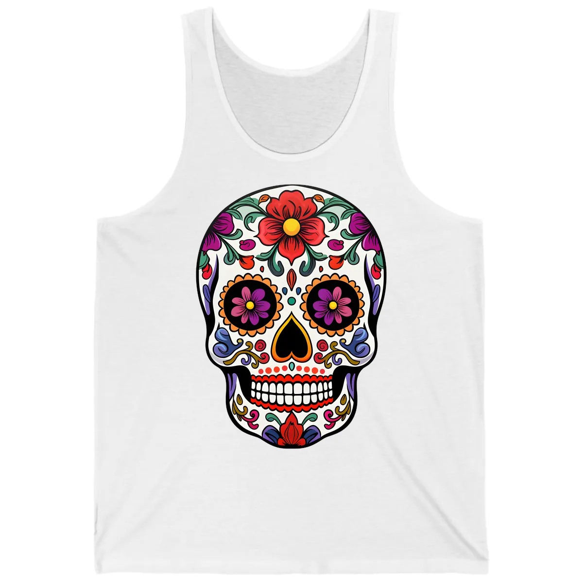 Vibrant Floral Calavera Sugar Skull Tank in White