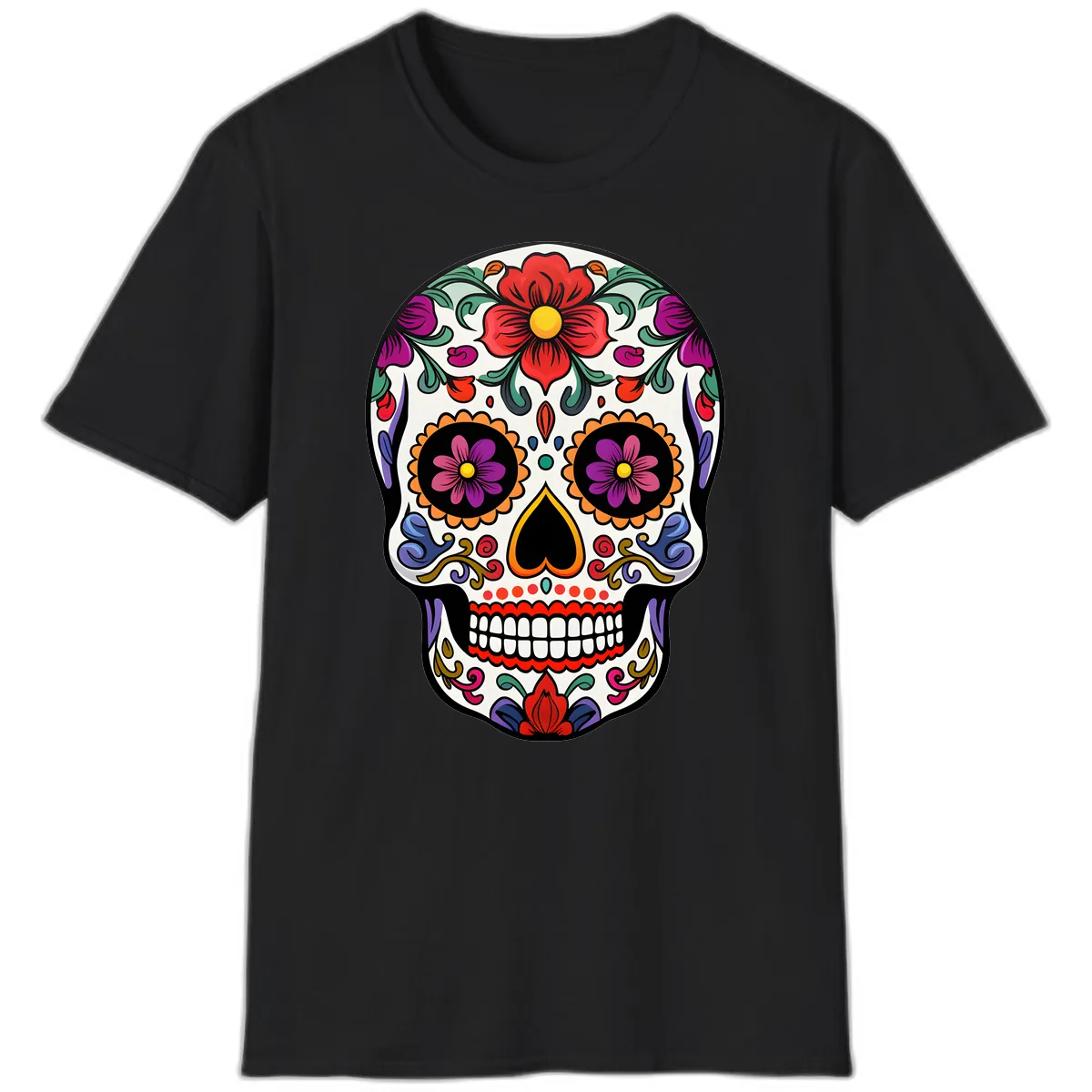 Vibrant Floral Calavera Sugar Skull T-Shirt in Black