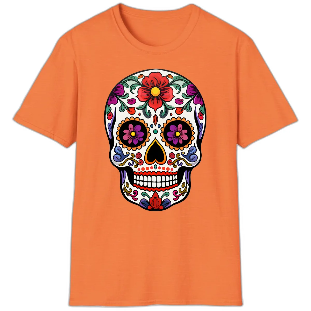 Vibrant Floral Calavera Sugar Skull T-Shirt in Heather Orange