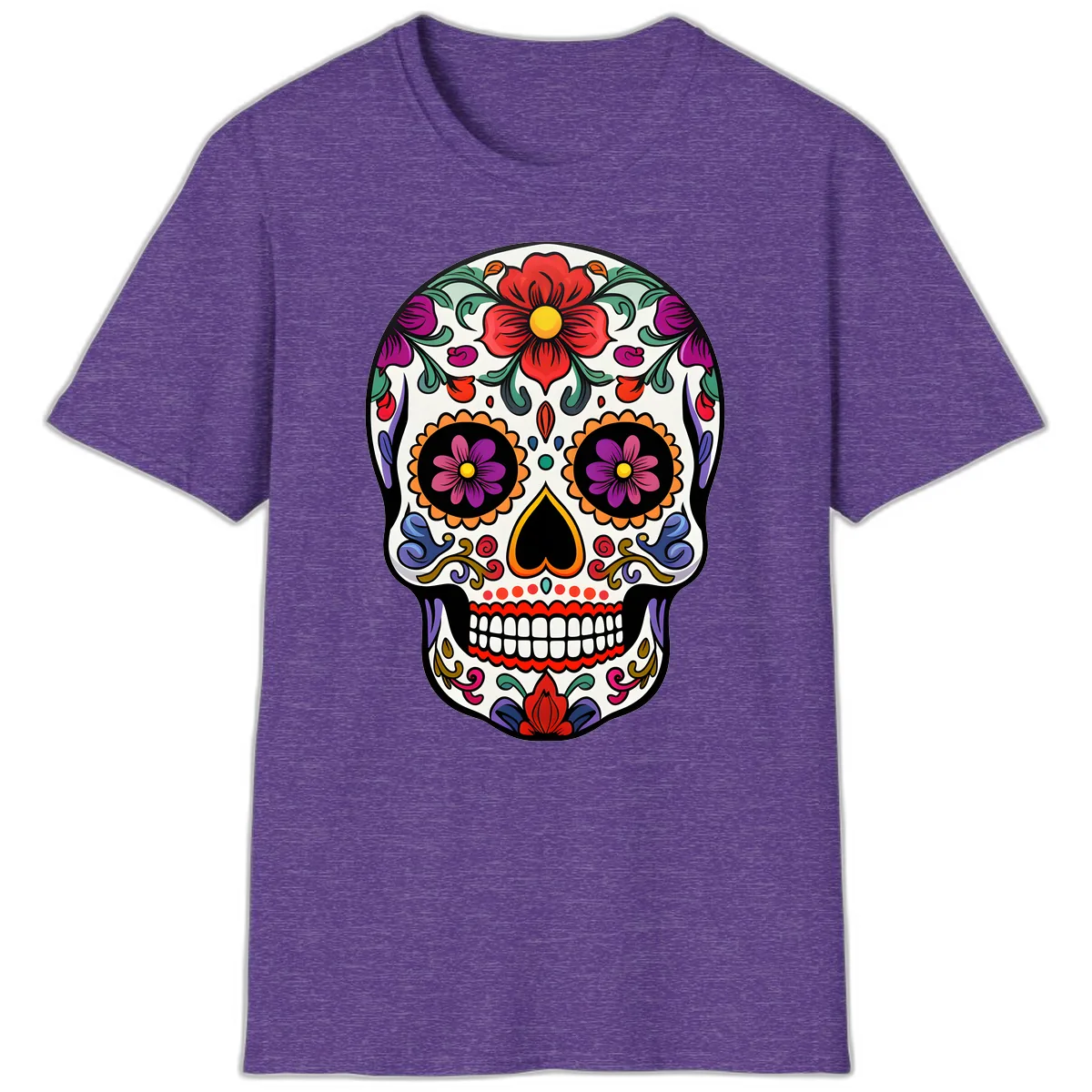 Vibrant Floral Calavera Sugar Skull T-Shirt in Heather Purple